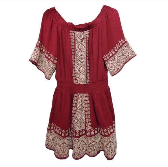 Tularosa Burgundy Red Fiona Off Shoulder Embroidered Mini Dress Size Medium M - Picture 3 of 11